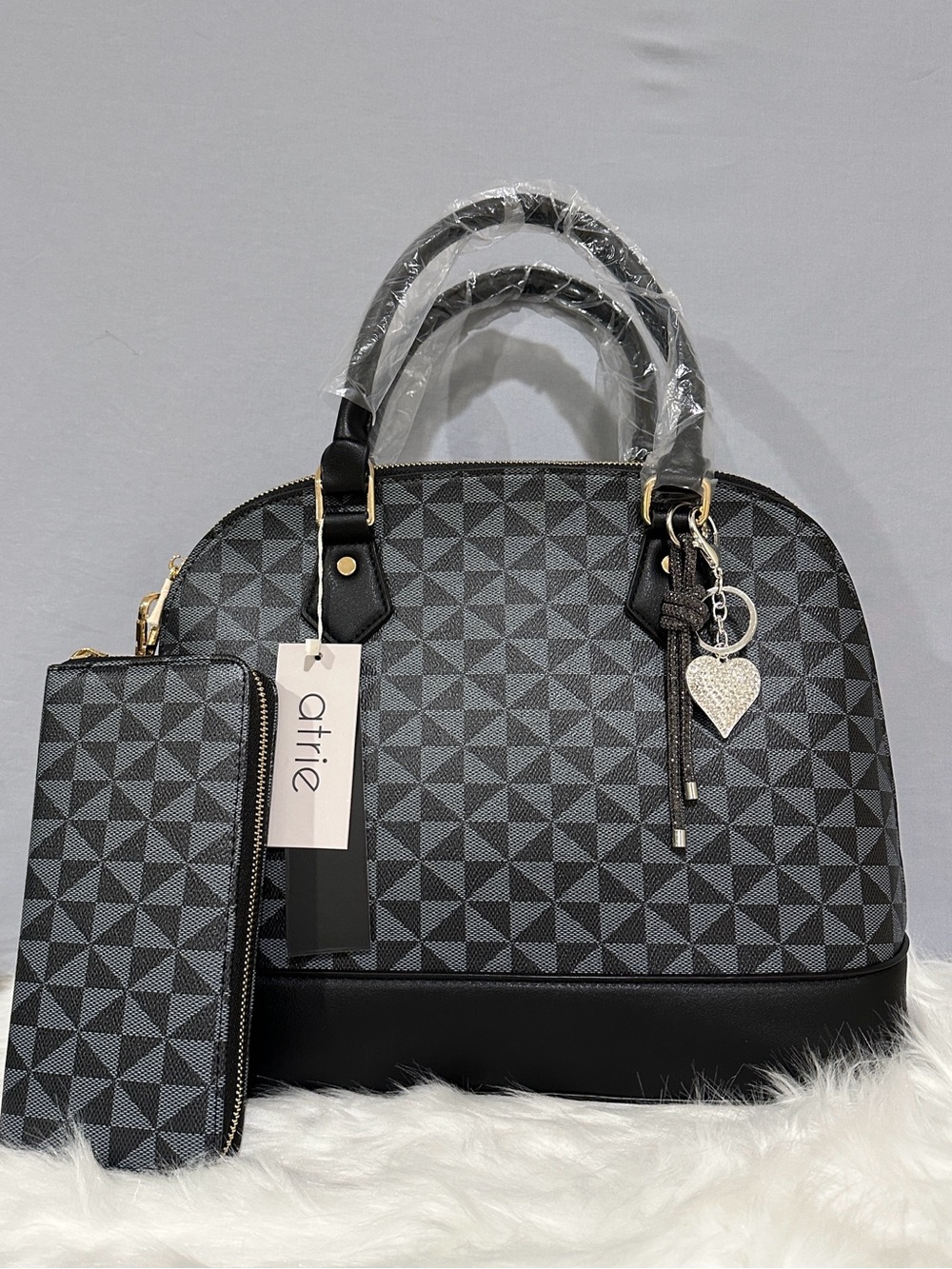 Black Geometric Dome Satchel with Crossbody Strap & Matching Wallet NWT’S